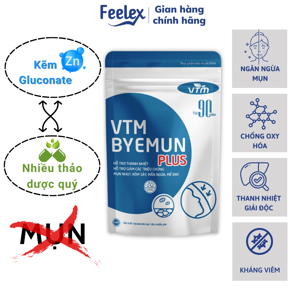 Viên uống VTM Byemun Plus hỗ trợ thanh nhiệt, giảm triệu chứng mụn nhọt, rôm sẩy, mẩn ngứa, mề đay - Túi 90 viên