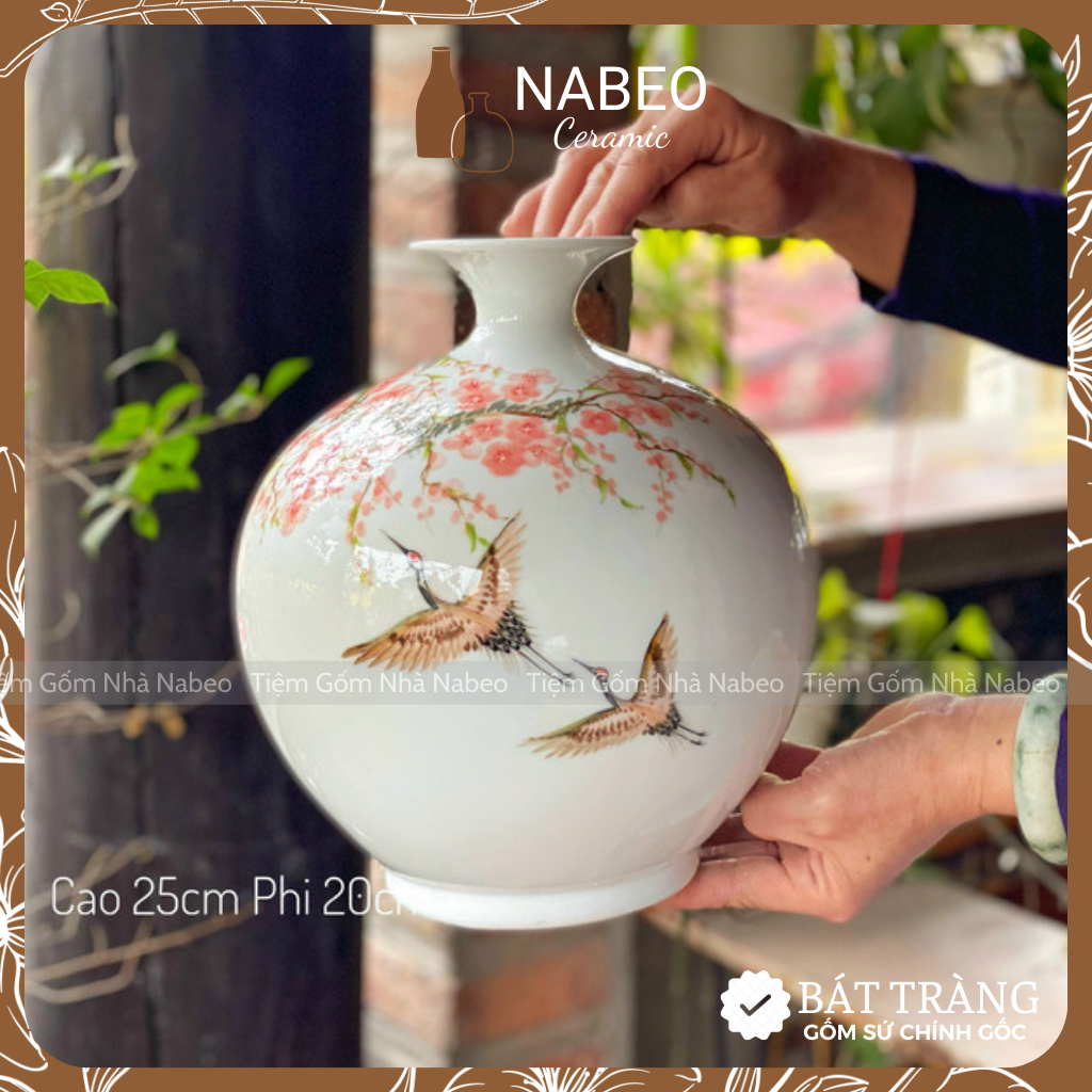 Bình Hút Lộc Hạc Đào, Trĩ Đào hoạ tiết vẽ tay, Lọ Hoa Hút Tài Lộc Trang Trí, Decor Phòng Khách - Gốm Sứ Bát Tràng