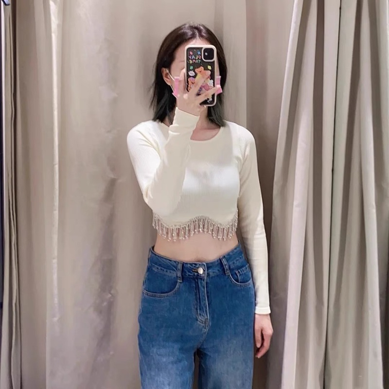 Áo croptop dài tay cổ tròn viền tua dua đính đá za.ra