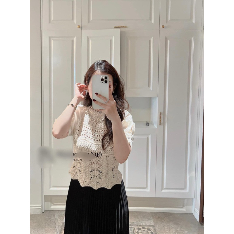 Áo sơ mi trắng cổ tròn tay ngắn thêu len dáng rộng za.ra xuất