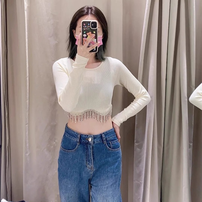 Áo croptop dài tay cổ tròn viền tua dua đính đá za.ra