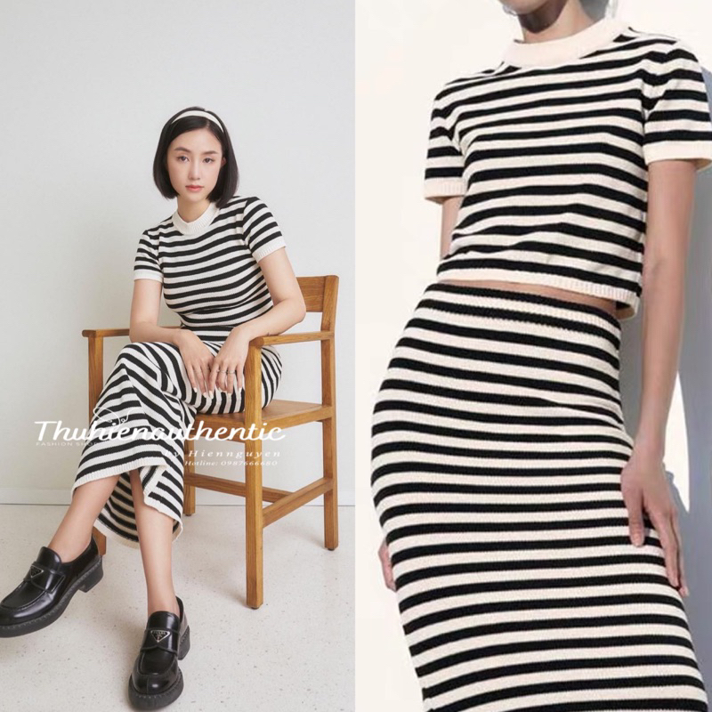 Set áo cộc chân váy dài vải dệt kim hoạ tiết kẻ ngang co giãn mã code: 7901/348; 7901/347 ZARA chính hãng(kèm ảnh thật)