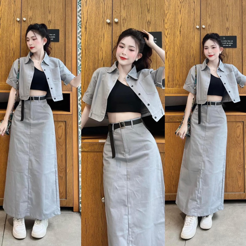 Set kaki 3 món + chân váy midi dài