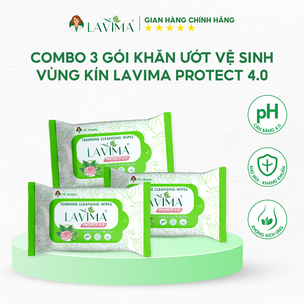 Combo 3 gói Khăn ướt vệ sinh vùng kín LAVIMA Protect 4.0 gói 10 miếng giúp