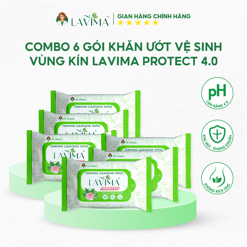 Combo 6 gói Khăn ướt vệ sinh vùng kín LAVIMA Protect 4.0 gói 10 khăn giúp vùng kín luôn sạch sẽ, khô thoáng