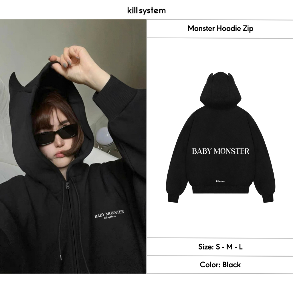 Áo khoác hoodie zip boxy Kill System Monster nón có tai màu đen chất vải chân cua