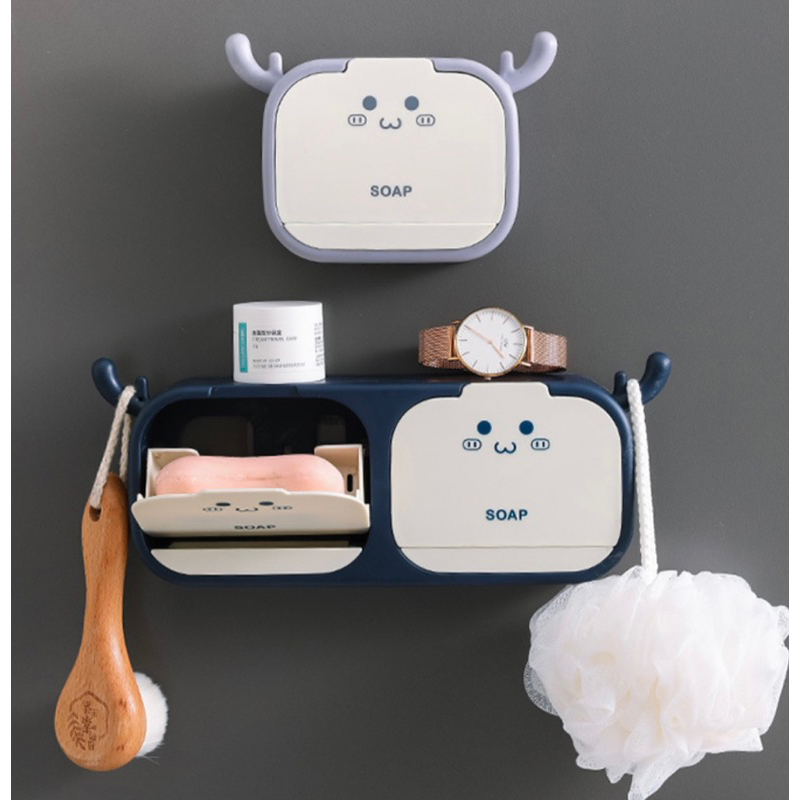 Hộp đựng xà phòng tai hươu, kệ treo đồ nhà tắm dán tường có móc treo tiện dụng
