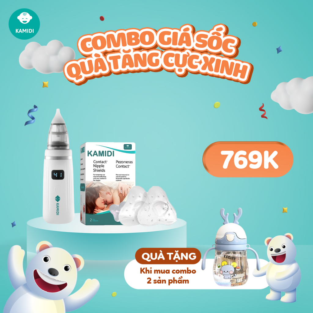 Núm Trợ Ti Kamidi Cao Cấp Hỗ Trợ Cho Bé Bú Combo Tặng Bình Nước Tập Hút Cho Bé