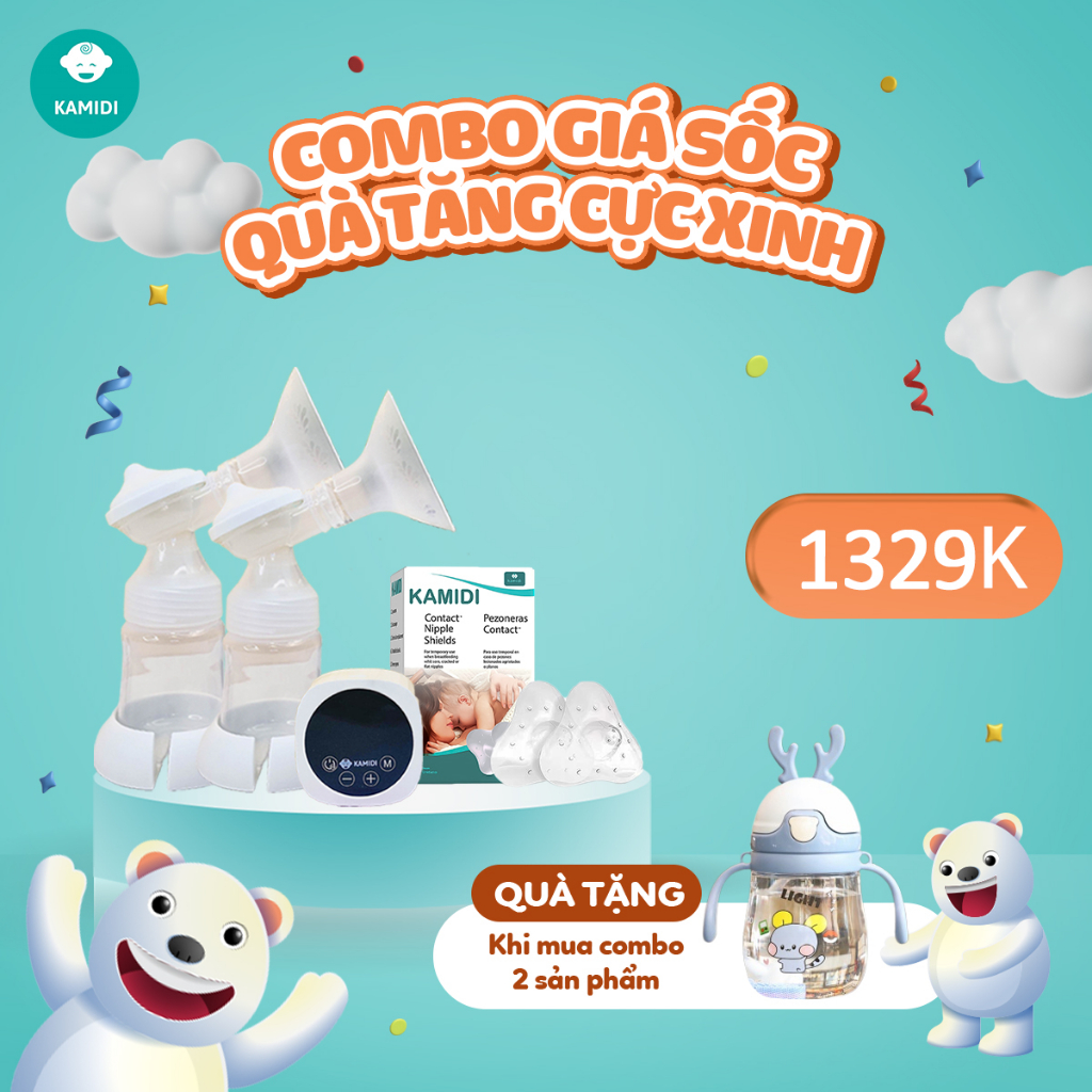 Núm Trợ Ti Kamidi Cao Cấp Hỗ Trợ Cho Bé Bú Combo Tặng Bình Nước Tập Hút Cho Bé