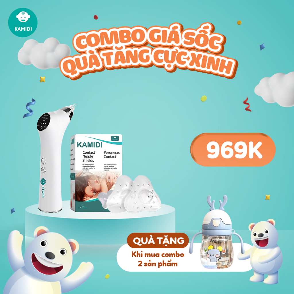 Núm Trợ Ti Kamidi Cao Cấp Hỗ Trợ Cho Bé Bú Combo Tặng Bình Nước Tập Hút Cho Bé