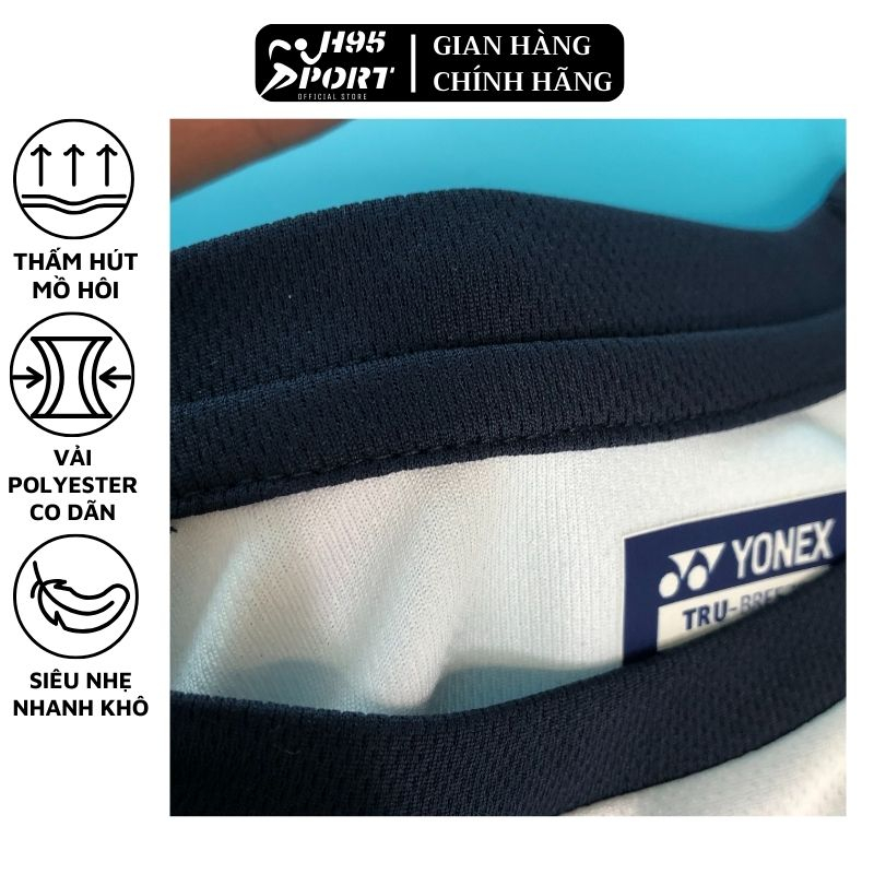 Áo cầu lông unisex Yonex màu trắng phối tay xanh than áo loại 1 dùng trong thi đấu, nam nữ mặc đẹp - H95 Sport Official