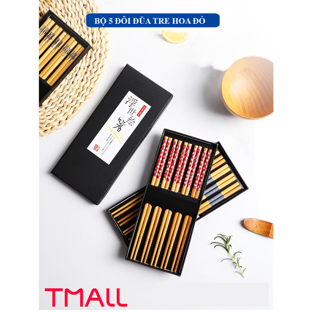 Đũa tre nhật kháng khuẩn T MALL, có rãnh chống trơn, mẫu hoa set 5 đôi kèm hộp giấy sang trọng