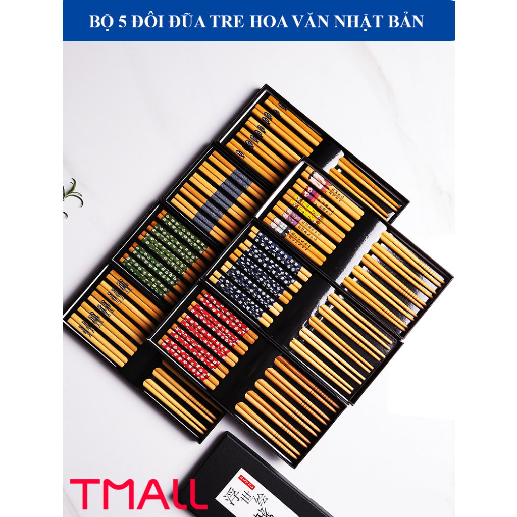 Đũa tre nhật kháng khuẩn T MALL, có rãnh chống trơn, mẫu hoa set 5 đôi kèm hộp giấy sang trọng
