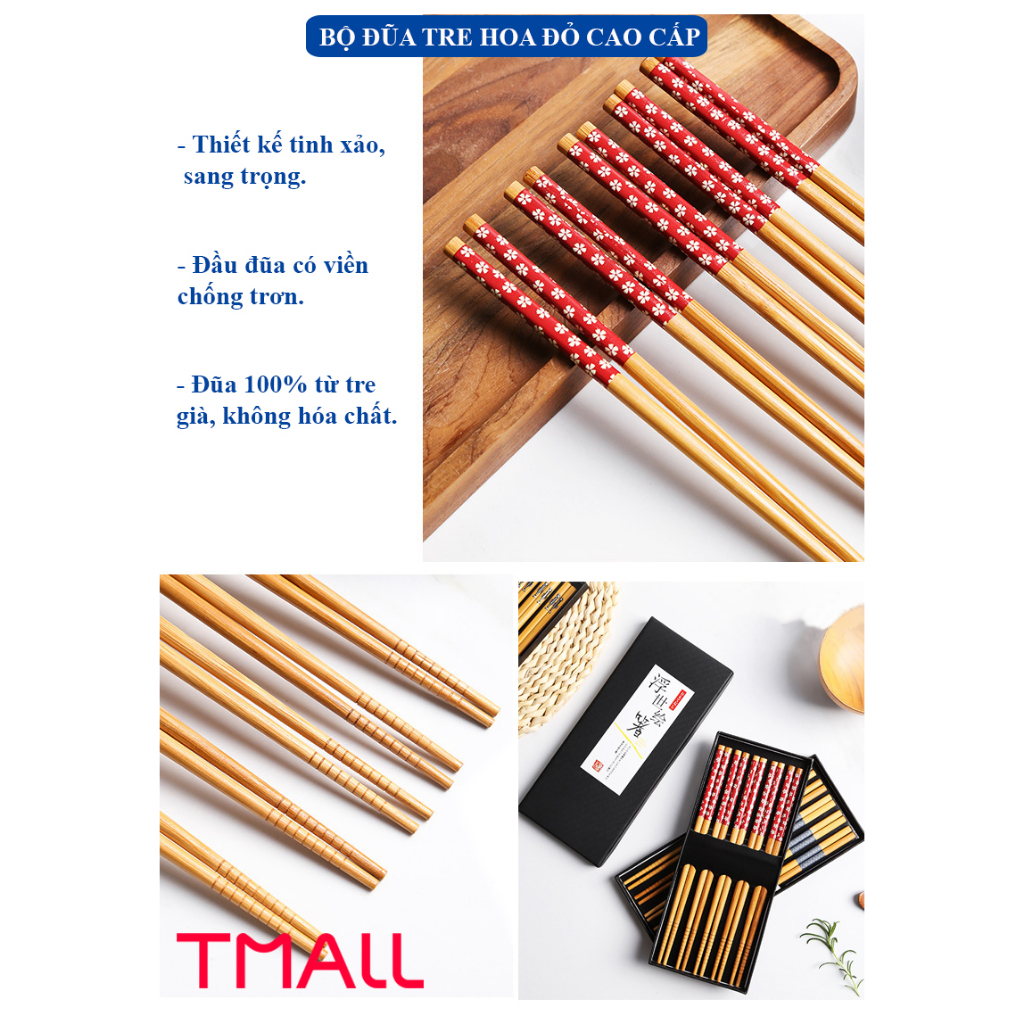 Đũa tre nhật kháng khuẩn T MALL, có rãnh chống trơn, mẫu hoa set 5 đôi kèm hộp giấy sang trọng