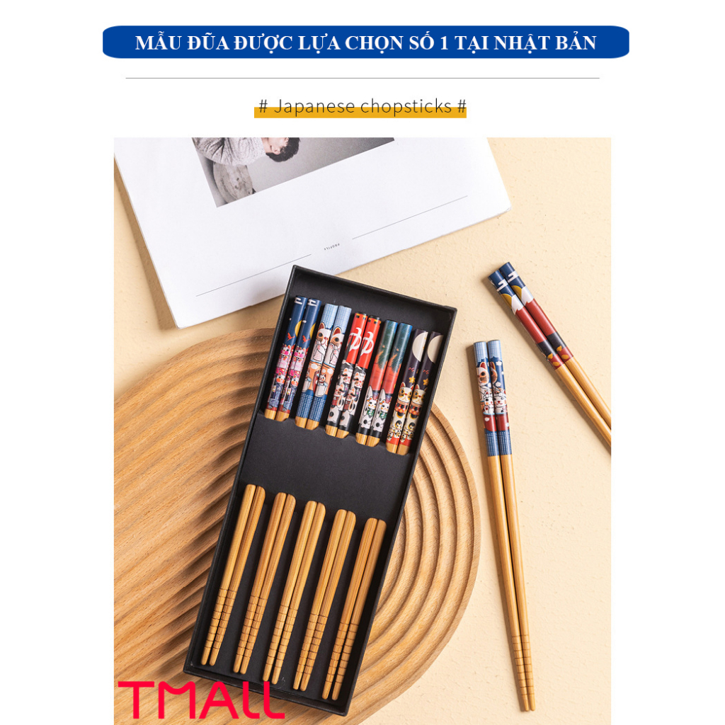 Đũa tre nhật kháng khuẩn T MALL, có rãnh chống trơn, mẫu hoa set 5 đôi kèm hộp giấy sang trọng