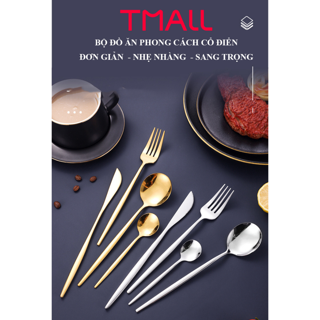 Dao dĩa ăn bít tết T MALL, bánh kem bằng inox cao cấp phong cách Châu Âu - KJ03CD