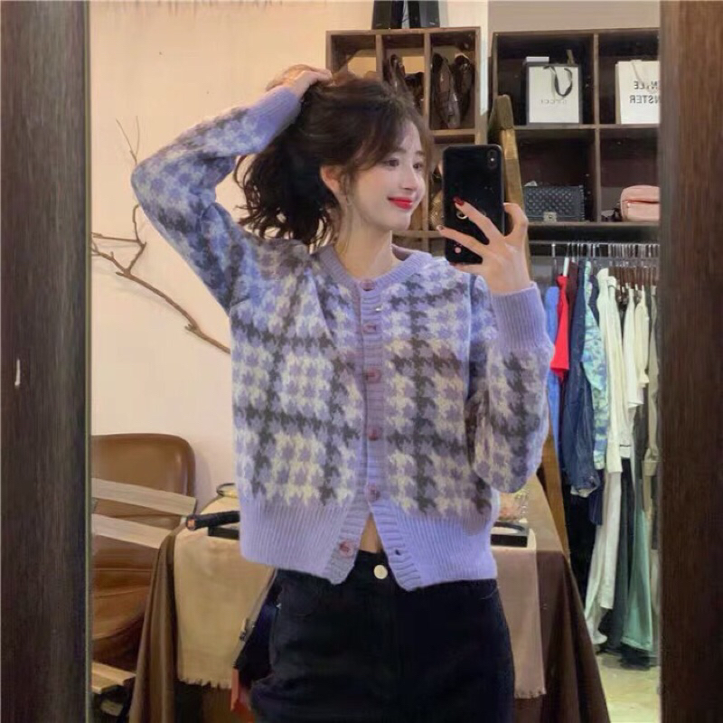 Áo len cardigan màu tím nhạt thiết kế cổ tròn form dáng vừa hàng QC loại 1 thời trang thu đông