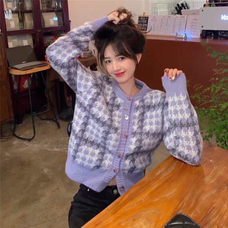 Áo len cardigan màu tím nhạt thiết kế cổ tròn form dáng vừa hàng QC loại 1 thời trang thu đông