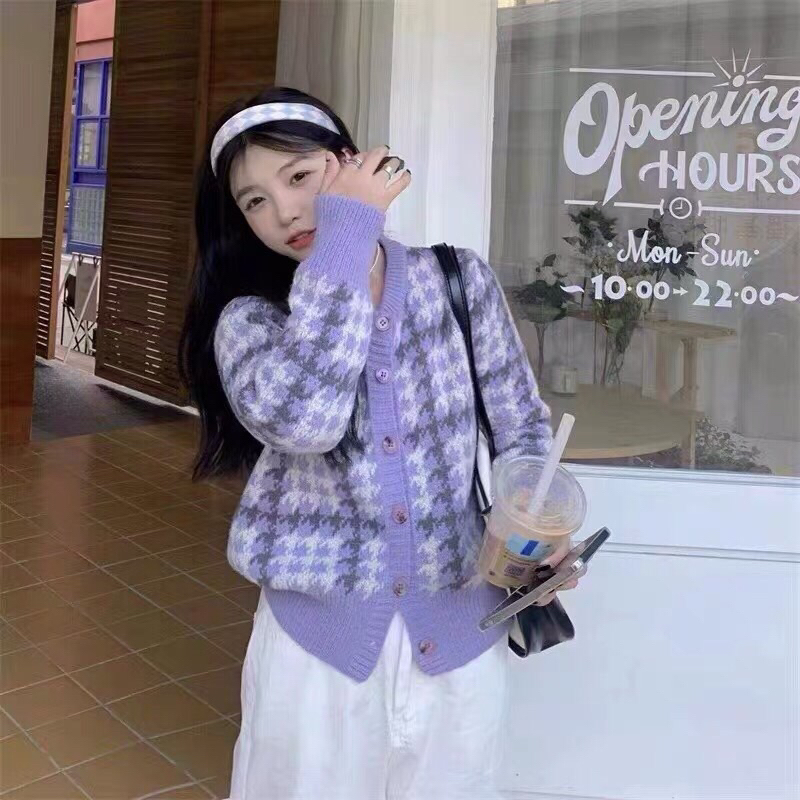 Áo len cardigan màu tím nhạt thiết kế cổ tròn form dáng vừa hàng QC loại 1 thời trang thu đông