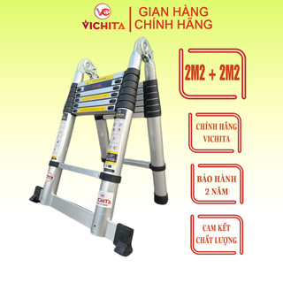 Thang Nhôm Xếp Chữ A VICHITA, Thang Rút Nhôm 4.4M (2.2M+2.2M) Tặng 2 Chốt Thang Nhôm