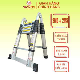 Thang Nhôm Xếp Chữ A VICHITA, Thang Rút Nhôm 5M (2.5M+2.5M) Tặng 2 Chốt Thang Nhôm
