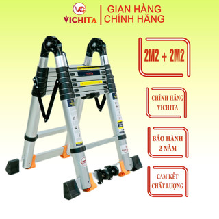 Thang Nhôm Xếp Chữ A VICHITA, Thang Rút Nhôm 4.4M (2.2m+2.2M) Bản Cao Cấp Có Bánh Xe Tặng 2 Chốt Thang Nhôm
