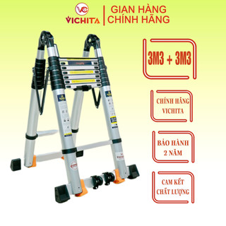 Thang Nhôm Xếp Chữ A VICHITA, Thang Rút Nhôm 6.6M (3.3M+3.3M) Bản Cao Cấp Có Bánh Xe Tặng 2 Chốt Thang Nhôm