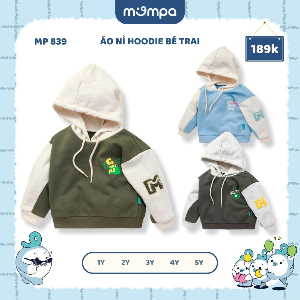 Áo hoodie cho bé Mompa 1 đến 5 tuổi vải cotton nỉ chân cua ấm áp co giãn mềm mại dày dặn MP 839