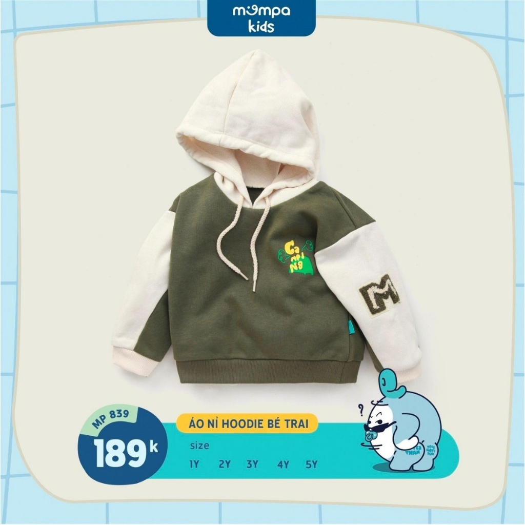 Áo hoodie cho bé Mompa 1 đến 5 tuổi vải cotton nỉ chân cua ấm áp co giãn mềm mại dày dặn MP 839