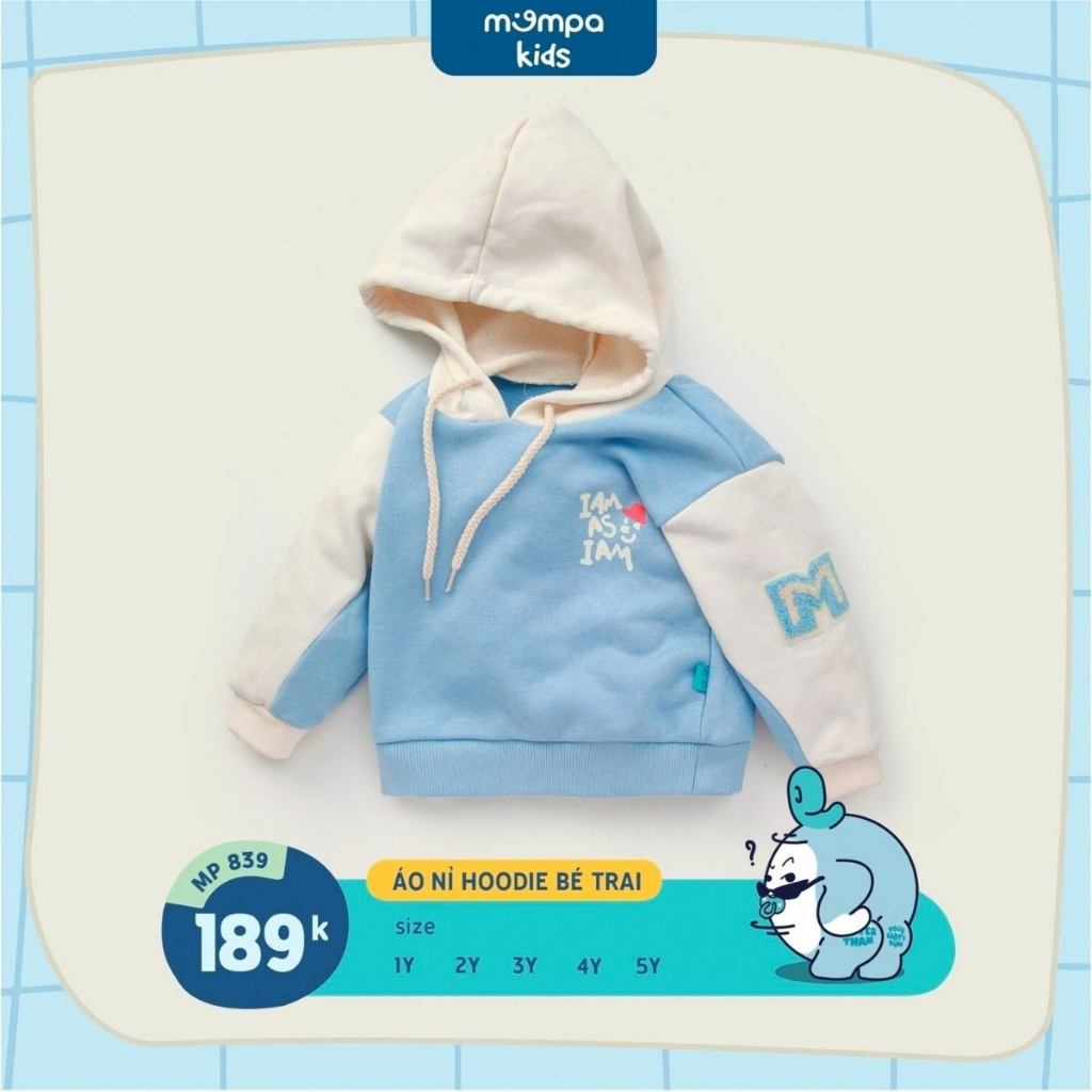 Áo hoodie cho bé Mompa 1 đến 5 tuổi vải cotton nỉ chân cua ấm áp co giãn mềm mại dày dặn MP 839