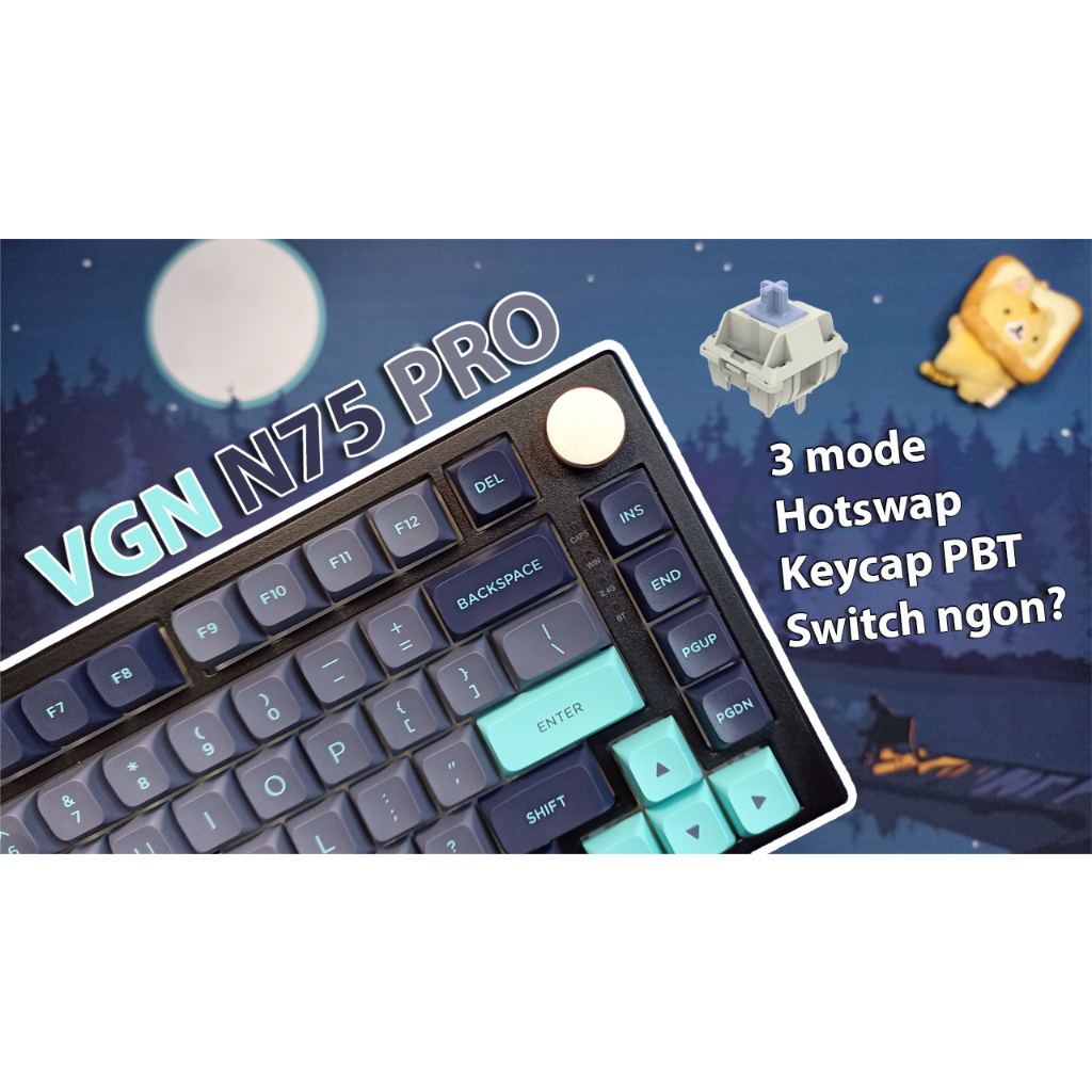 Bàn phím VGN N75 PRO, 3 mode, xanh đen, hotswap 5 pin, led RGB, switch Azure linear, 75%