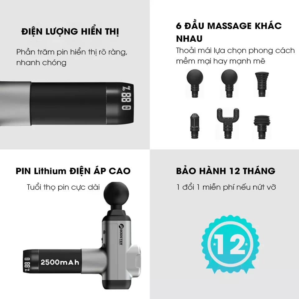 BOOSTER M2-A - Máy massage gun cầm tay, Máy massage cầm tay BOOSTER M2 - A Công suất 135W, 6 đầu massage, 4 Tốc độ