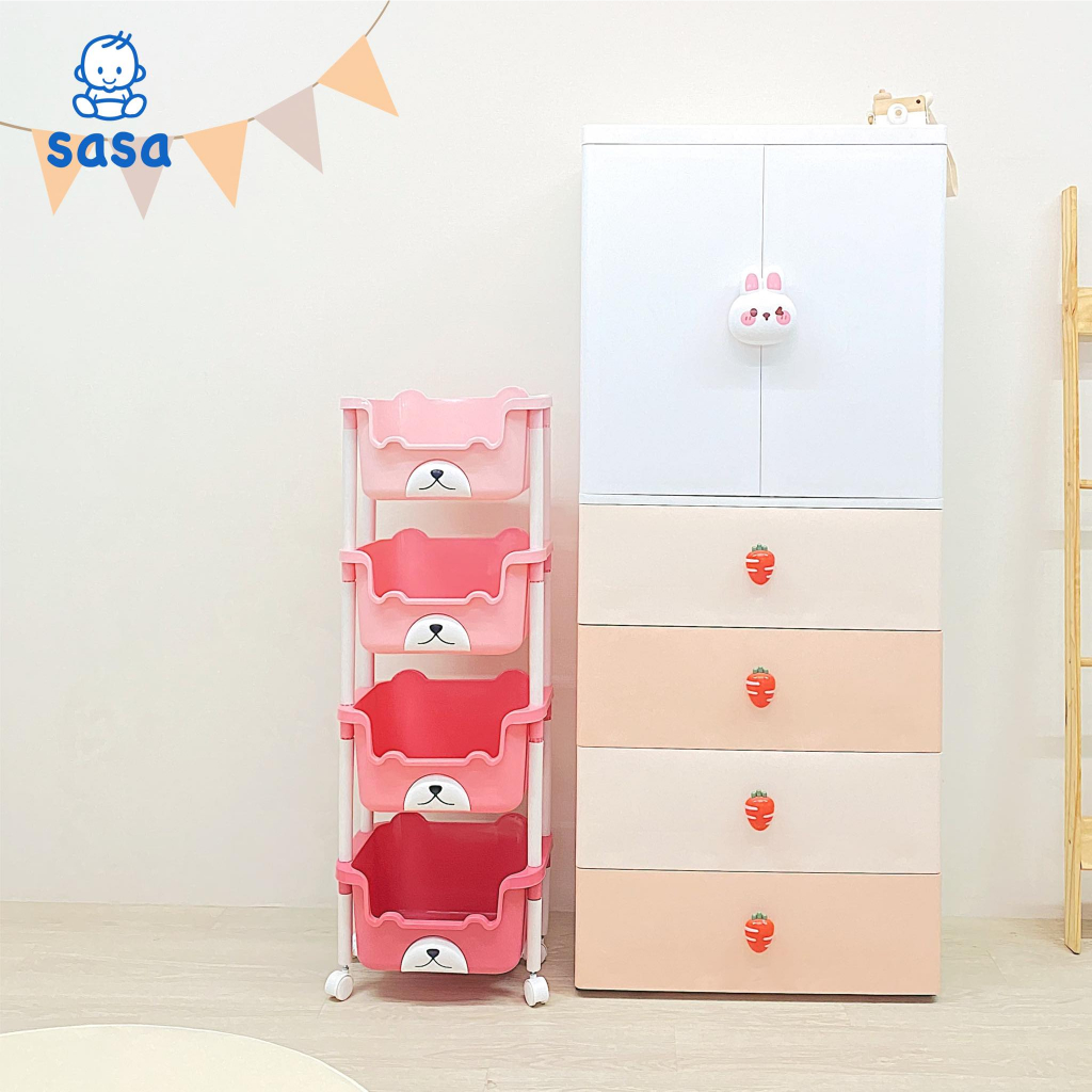 Kệ đựng đồ chơi cho bé, đồ bỉm sữa, đồ dùng trẻ em bằng nhựa nhiều tầng đa năng// // Kệ nhựa gấu sasa 4 tầng có bánh xe