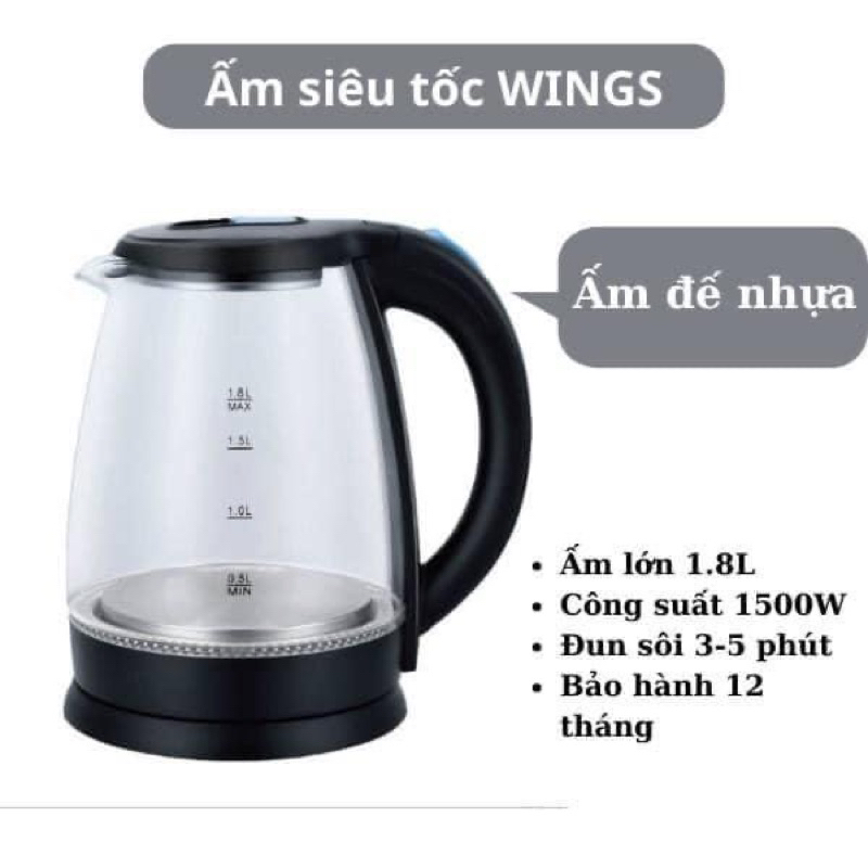 Ấm siêu tốc WINGS 1.8L bình siêu tốc, ấm đun nước siêu nhanh siêu an toàn chính hãng có đèn LED xanh - bảo hành 24 tháng