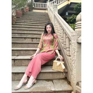 Pháp phục đi lễ cổ tròn cúc ngọc tay lỡ