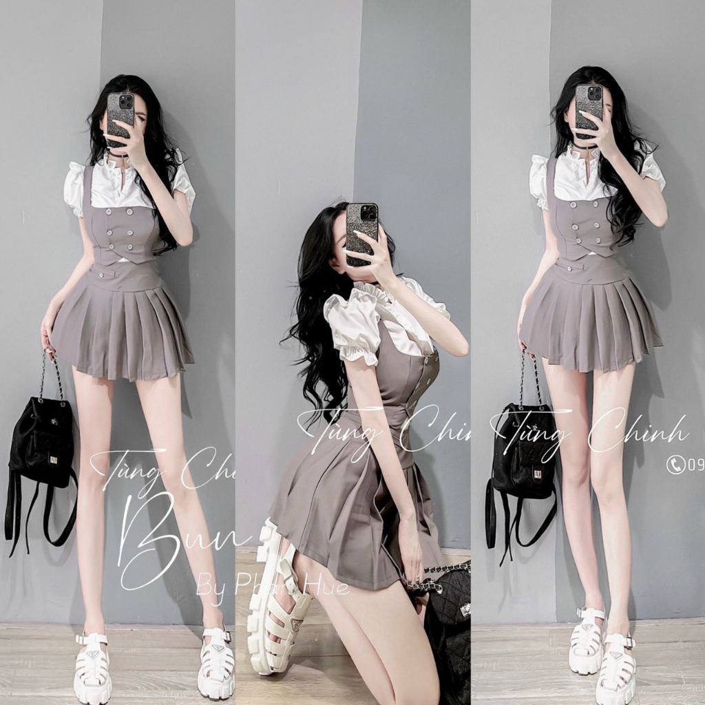 Set nữ, Set Gile Phối Áo Croptop Sơ Mi Trắng Cổ Ren Mix Chân Váy Xếp Li Dáng Xòe cá Tính, Tặng Quà Xinh