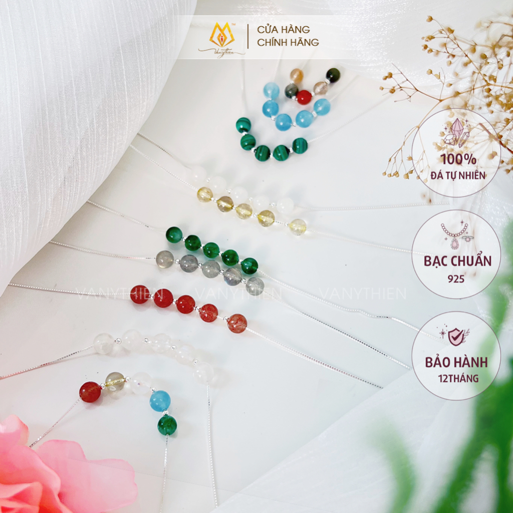 Dây chuyền Bạc 925 Tinh Tế  Mix 5 Hạt Đá Phong Thuỷ Hộ Mệnh , May Mắn, Tài Lộc