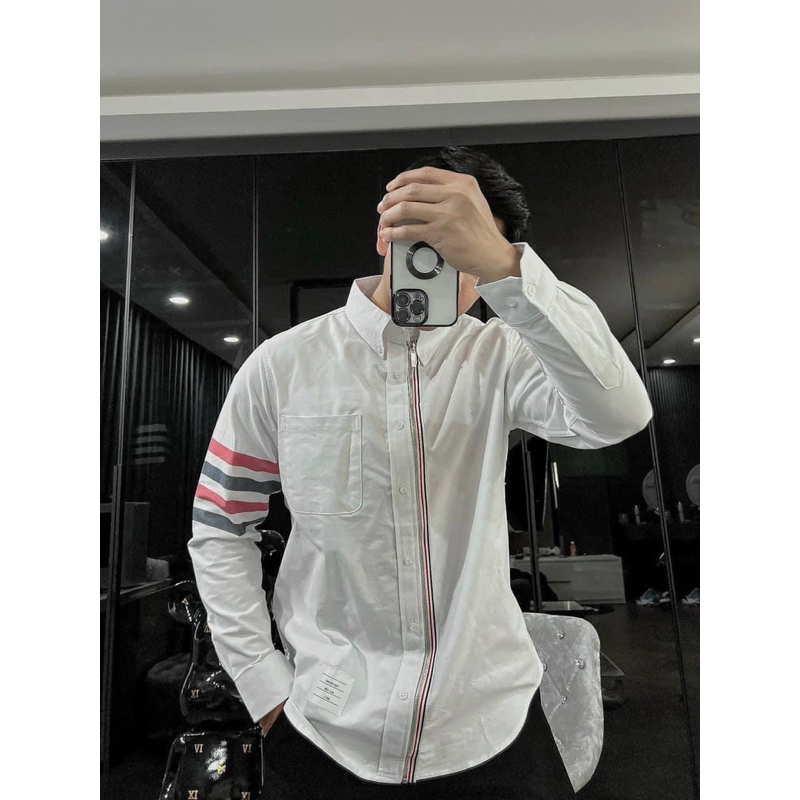 Sơ Mi Thom Browne Nam Khóa Zip, Sơ Mi Thom Vải Thô Siêu Cấp Chống Nhăn Cao Cấp