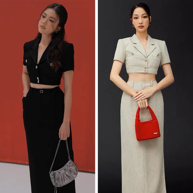 Set váy croptop cổ vest phối chân váy midi ôm xẻ tà quyến rũ, Set váy nữ chất Tex đứng form hàng cao cấp loại 1