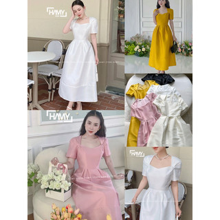 Đầm cổ vuông nhún eo