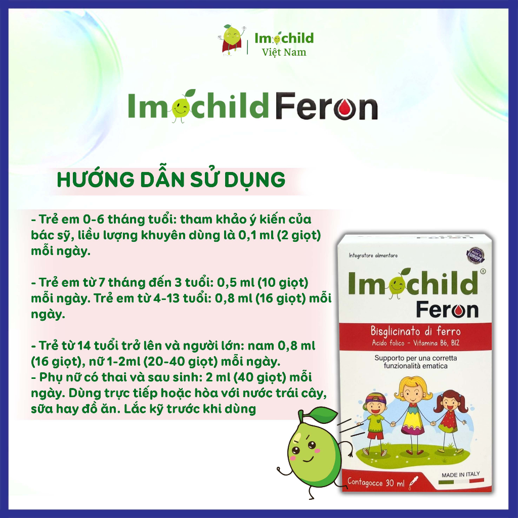 Combo 2 Hộp Sắt Nhỏ Giọt Imochild FERON Cho Bé, Hỗ Trợ Tái Tạo Hồng Cầu - IMOCHILD 30ml