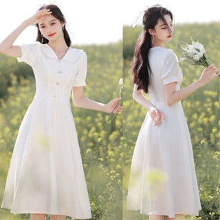 Váy trắng cổ V dáng xòe, váy đi ăn cưới, đi làm, đầm hoa vintage váy voan hoa tiểu thư sang chảnh V5_Deloga
