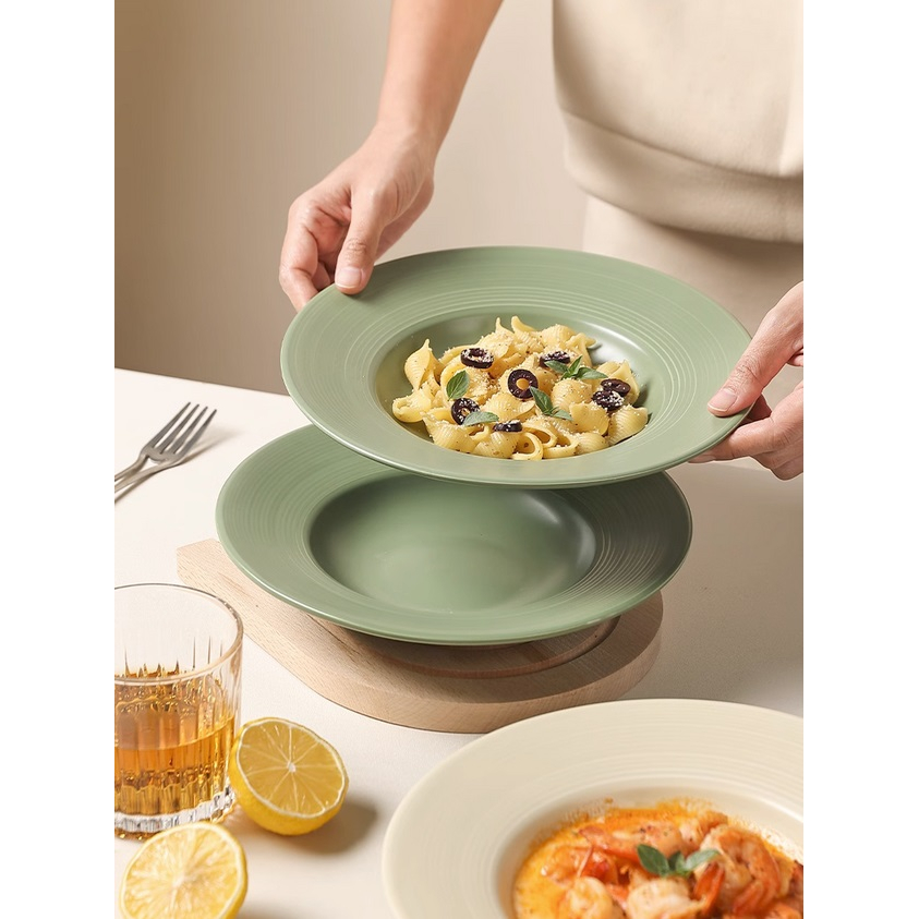 (SẴN) Đĩa mì Ý viền xoáy men mờ 24cm phong cách Bắc Âu, đĩa sâu lòng - Bát đĩa sứ nhà hàng cao cấp xuất khẩu