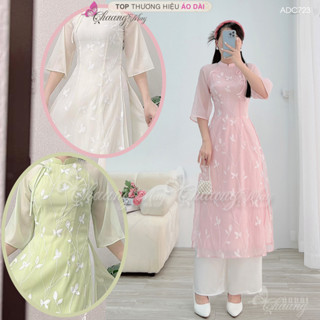  Áo dài An Vy thêu hoa nhí cách tân nữ Chaang may sẵn áo dài 4 tà Tô Anh lụa tơ hồng kem dự tiệc lễ tết đẹp ADC723 