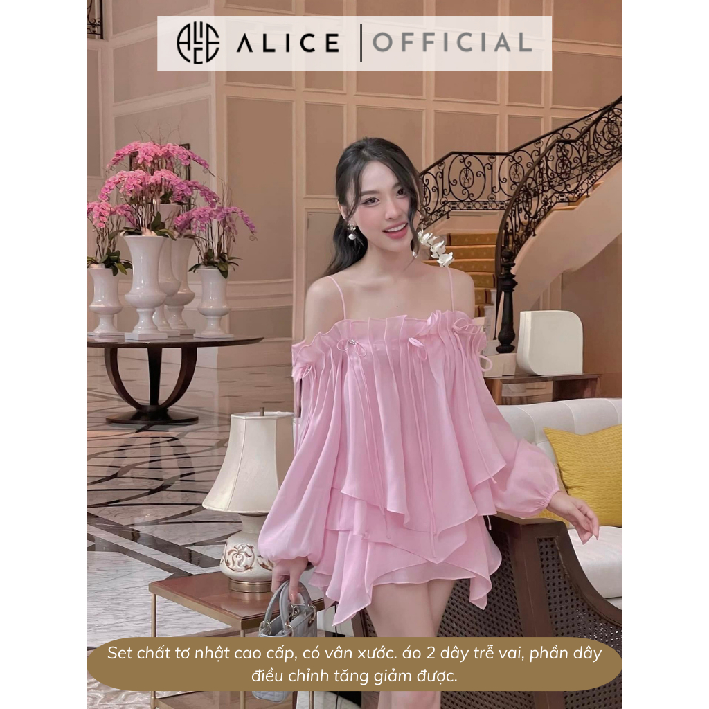 Set Tiểu Thư ALICE Áo 2 Dây Trễ Vai Váy Xếp Li Đính Đá Ngực Kèm Chân Váy Cách Điệu Phong Cách Tiểu Thư Sang Chảnh S388