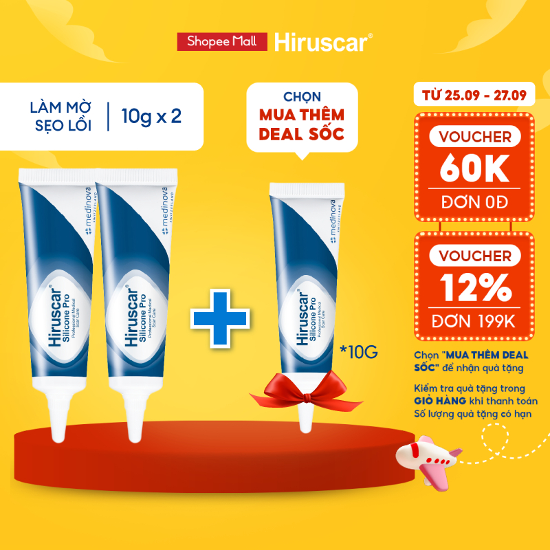 Bộ 2 gel xử lý sẹo mổ, to, lồi & phì đại Hiruscar Silicone Pro 10g