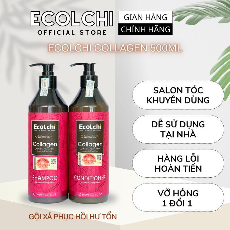 Dầu gội xả siêu mềm mượt Ecolchi Collagen 500ml phục hồi tóc hư tổn, dưỡng tóc khô xơ rối, uốn nhuộm CH