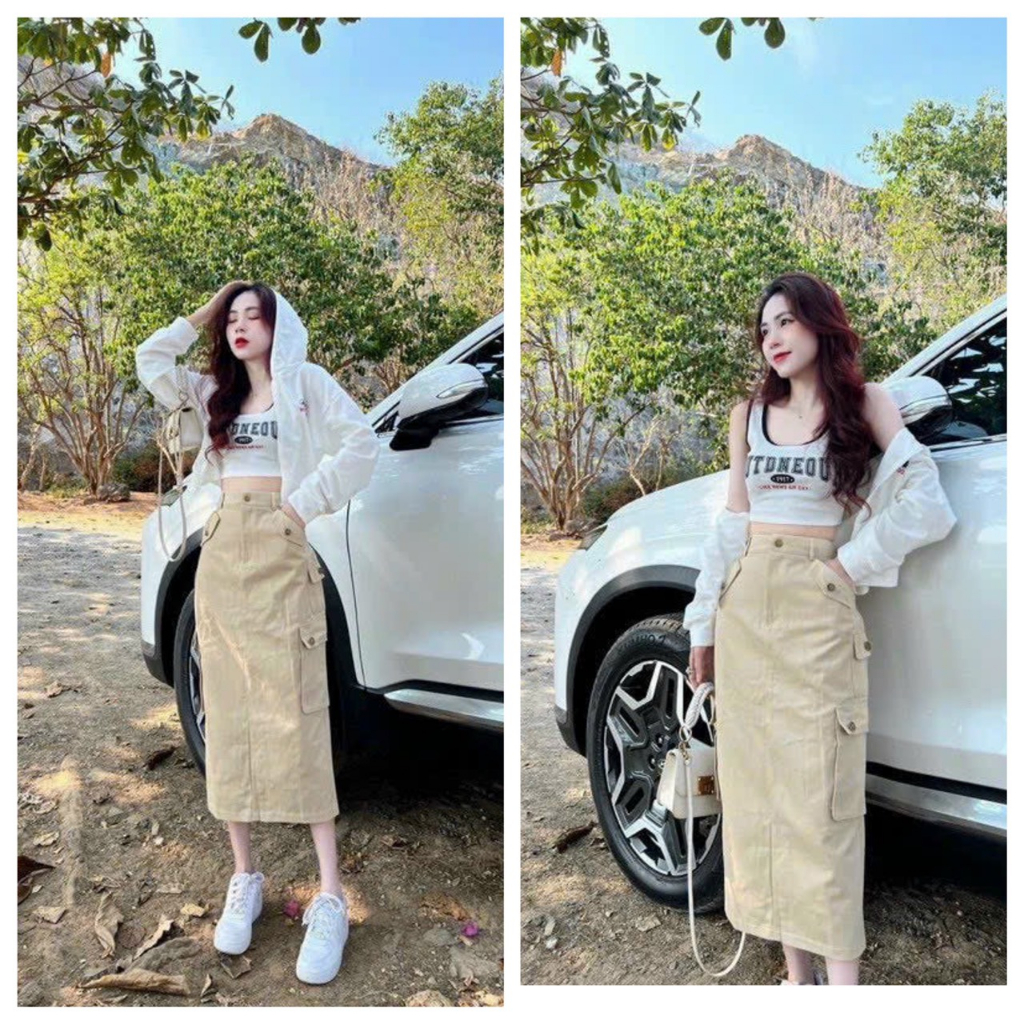 Sét 3 món áo croptop kèm áo khoác có nót phối chân váy dài có túi hộp chất liệu váy kaki áo gân,mẫu y hình
