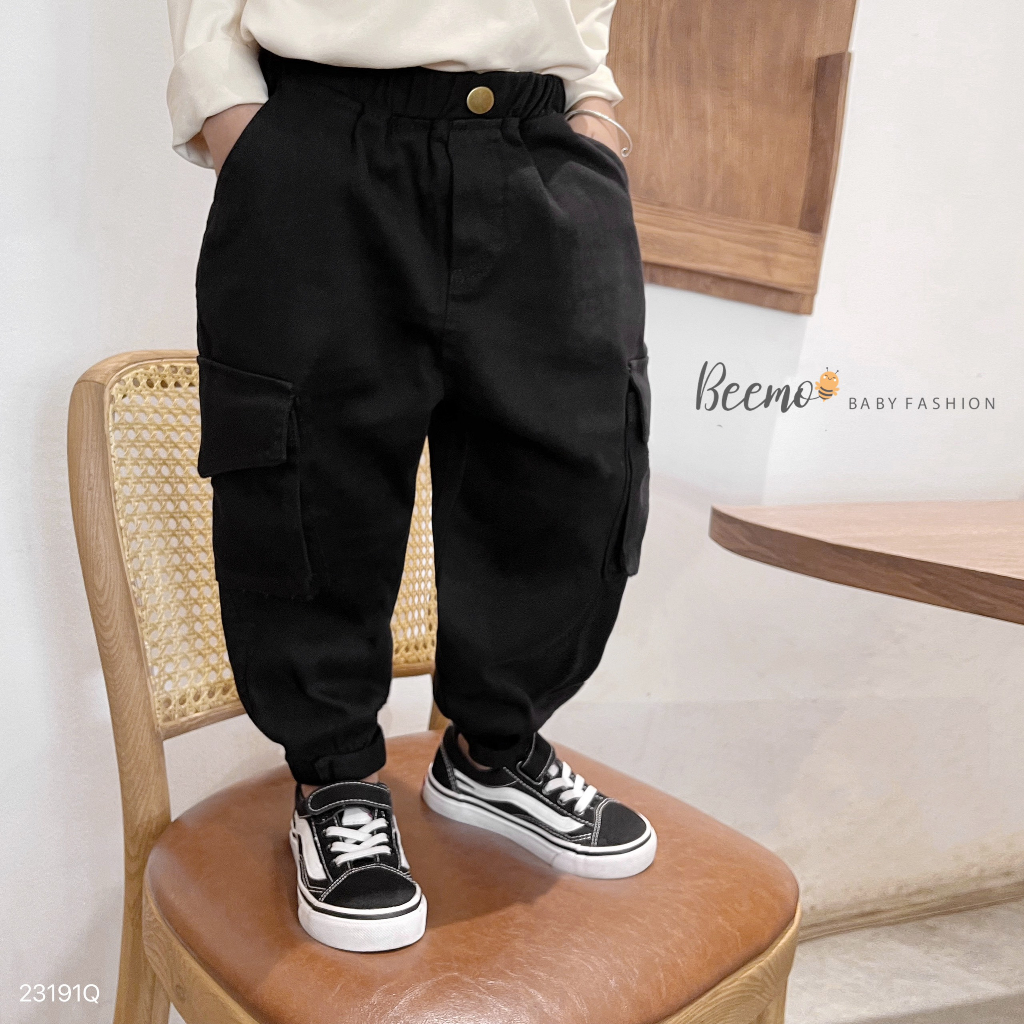 Quần kaki bo gấu phối túi hộp cá tính cho bé, quần dài kaki mềm trơn màu Beemo