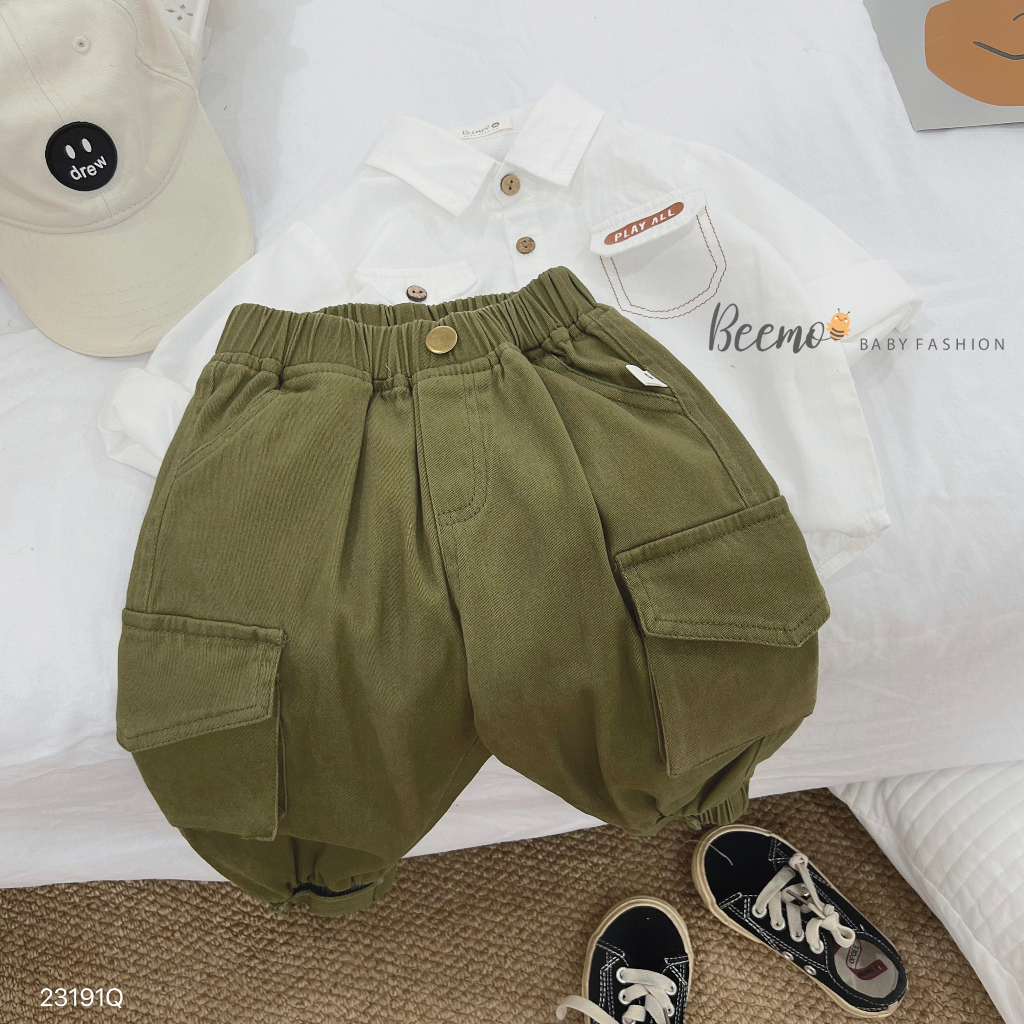 Quần kaki bo gấu phối túi hộp cá tính cho bé, quần dài kaki mềm trơn màu Beemo